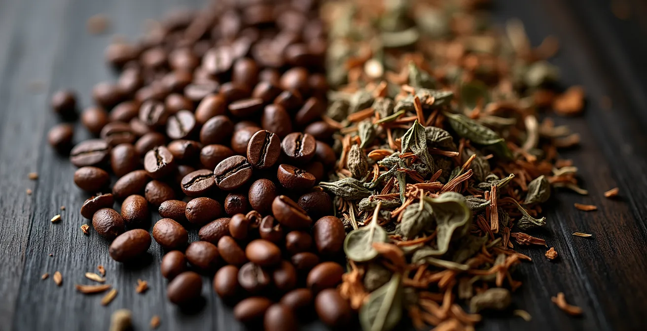 Vue macro de grains de café torréfiés à côté de feuilles de thé séchées