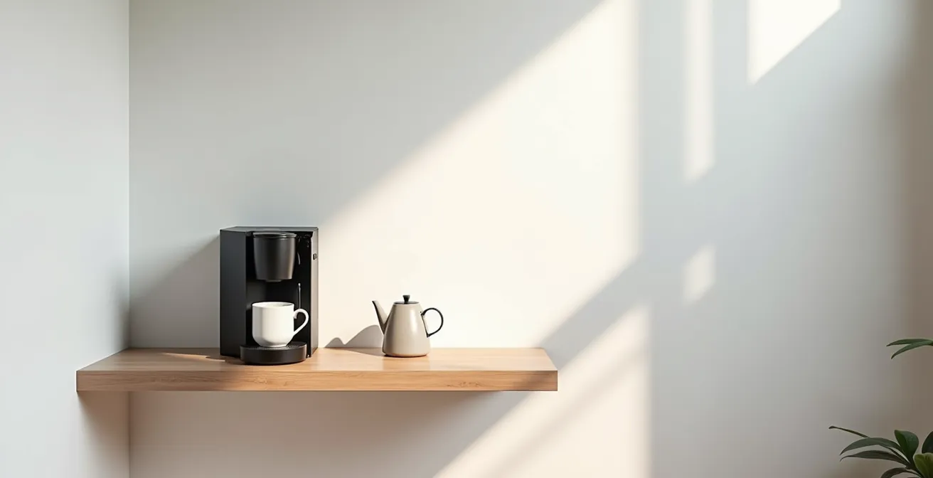 Vue d'ensemble d'un coin dégustation épuré avec machine à café et théière moderne