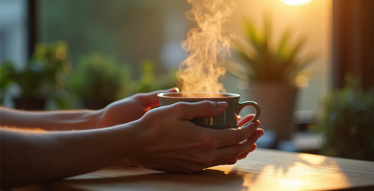 Personne savourant une tasse de thé dans un environnement de travail moderne et lumineux