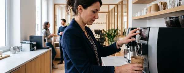 Office professional filling a kraft cardboard cup at a modern coffee machine in a French workplace break room.