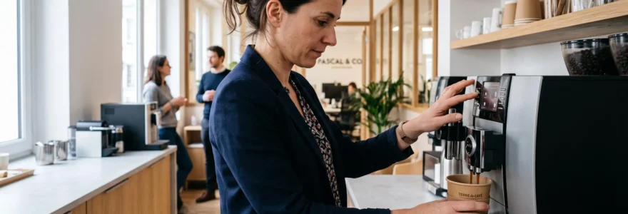 Office professional filling a kraft cardboard cup at a modern coffee machine in a French workplace break room.
