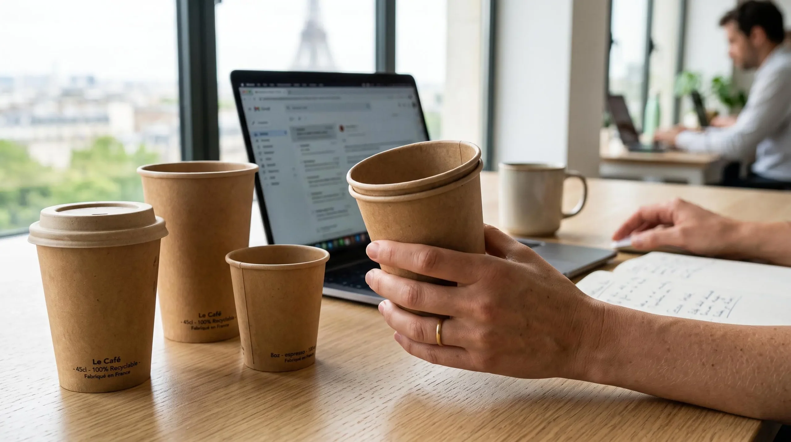 Close-up of kraft cardboard disposable cups on an office desk, showing structural quality and double-wall construction.