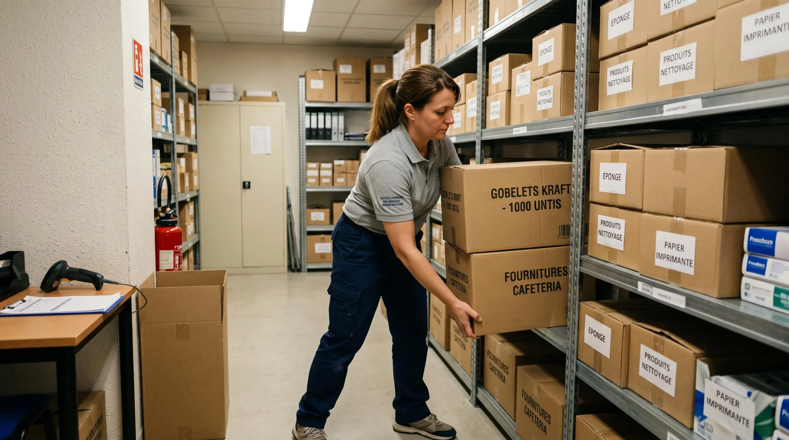 Office facilities manager organizing boxes of cardboard cups on storage shelves in a professional supply room.