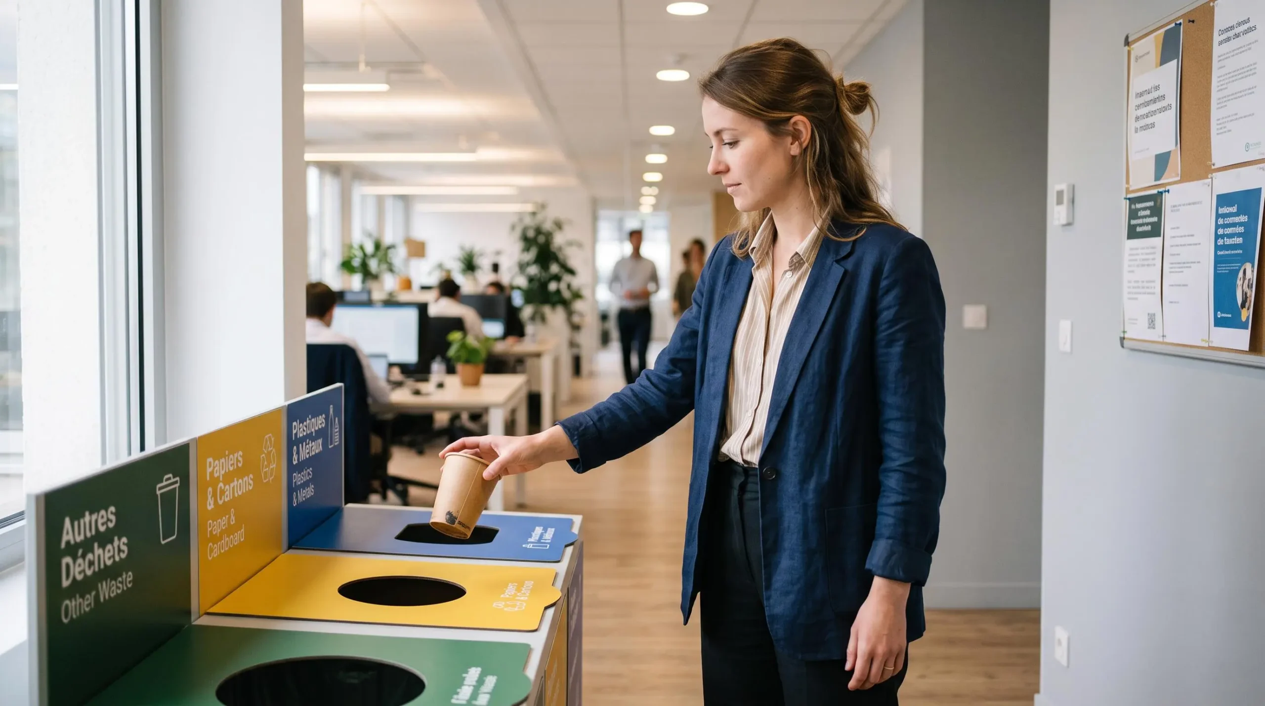 Office employee disposing of a used cardboard cup into a recycling bin in a modern French workplace.